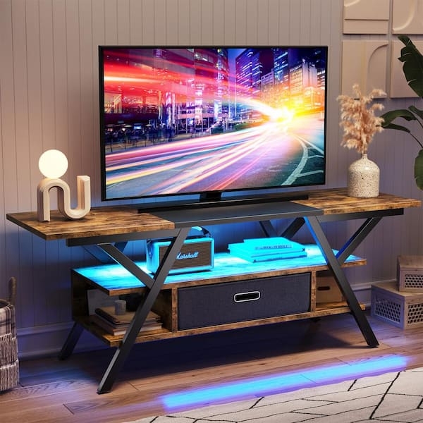 Rustic Brown TV Stand X-Frame Legs LED Industrial Media Console