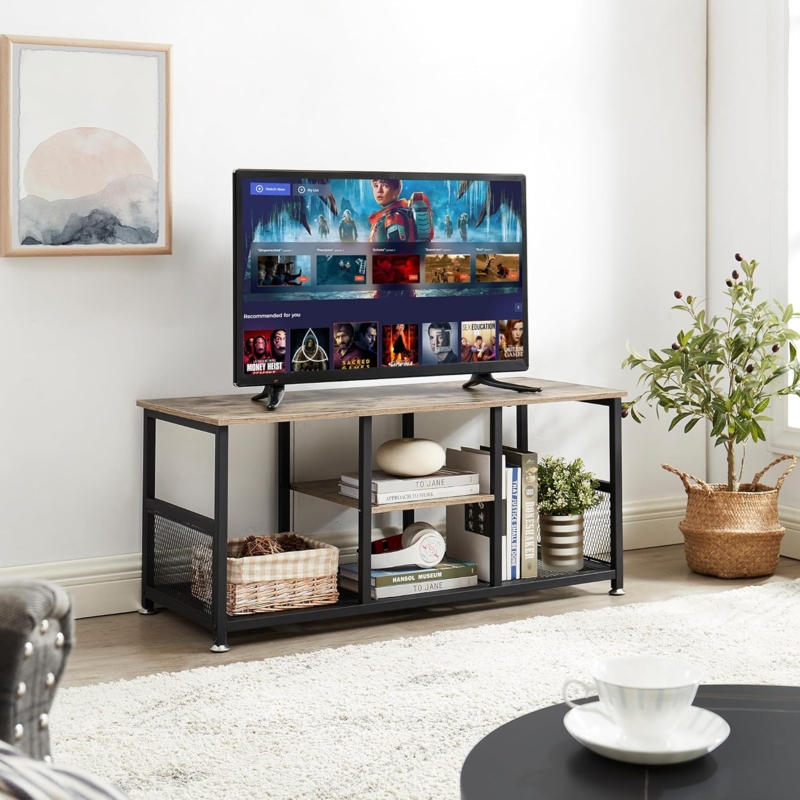 Rustic Brown Tv Table featuring Industrial Mesh Sides