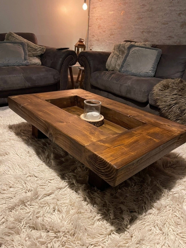 Rustic Coffee Table Recessed Center Thick Wood Extra Wide