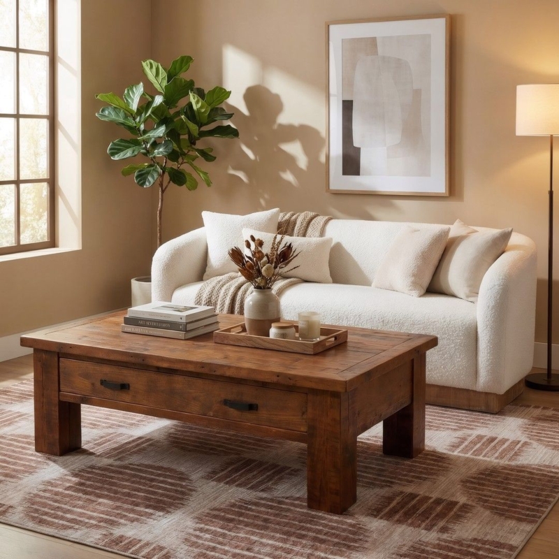 Rustic Coffee Table Storage Drawer Reclaimed Wood Look Lodge Style