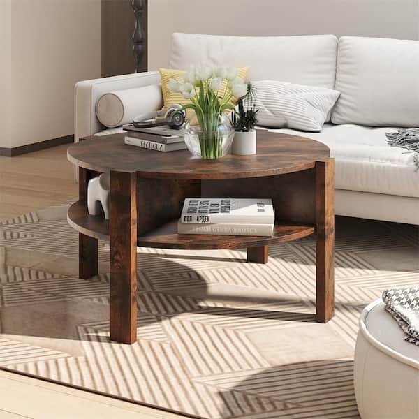 Rustic Coffee Table with Divided Compartments and Round Wood Top