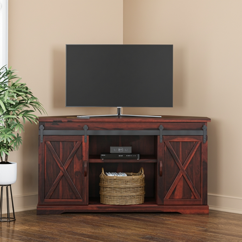 Rustic Corner TV Stand Reddish Brown Sliding Barn Doors
