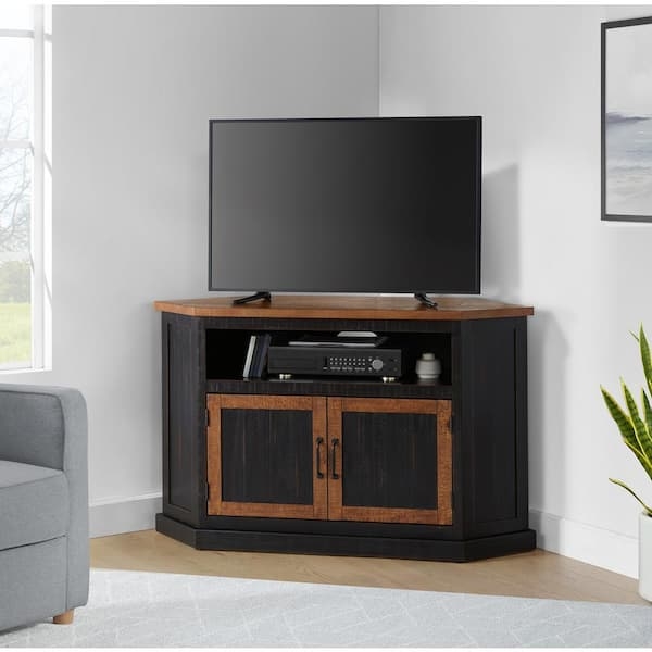 Rustic Corner TV Stand Two-Tone Black and Honey Distressed Finish