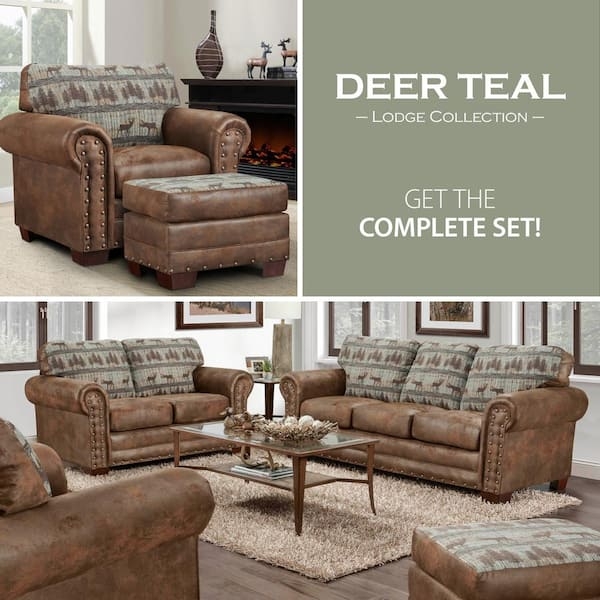 Rustic Deer Living Room Set featuring Teal Forest Pattern Cushions