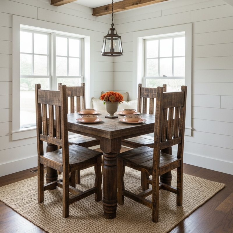 Rustic Dining Set Square Table Slat Back Chairs Block Legs
