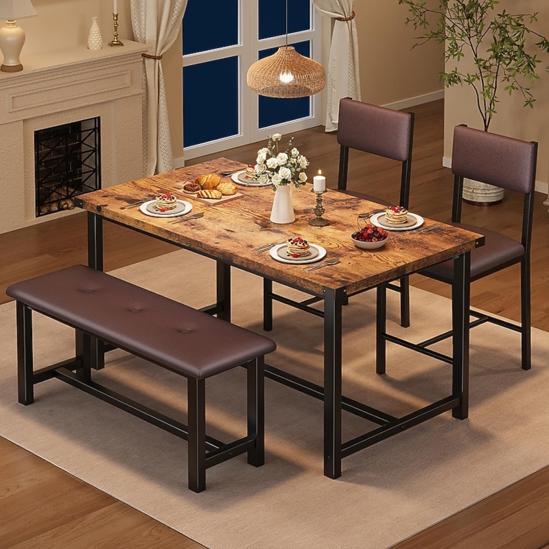 Rustic Dining Set With Bench Distressed Wood Tabletop Upholstered