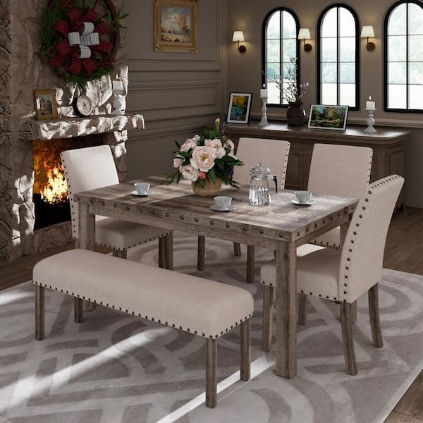 Rustic Dining Set with Bench Seating and Weathered Finish Table