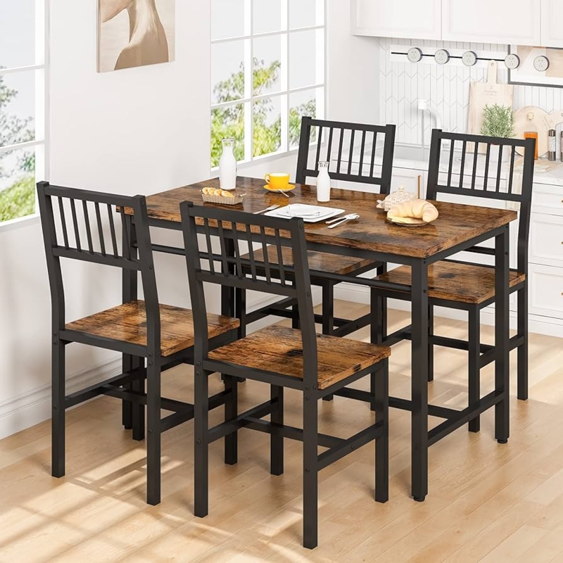 Rustic Dining Set with Industrial Metal Frame and Slat Back Chairs