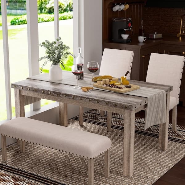 Rustic Dining Set with Weathered Wood and Nailhead Trim Bench