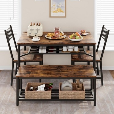 Rustic Dining Table Set Built In Wine Rack Under Bench Storage