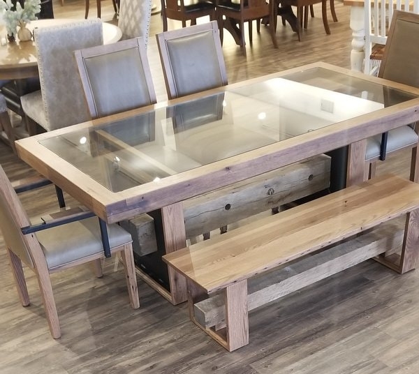 Rustic Dining Table with Glass Inset and Heavy Timber Base