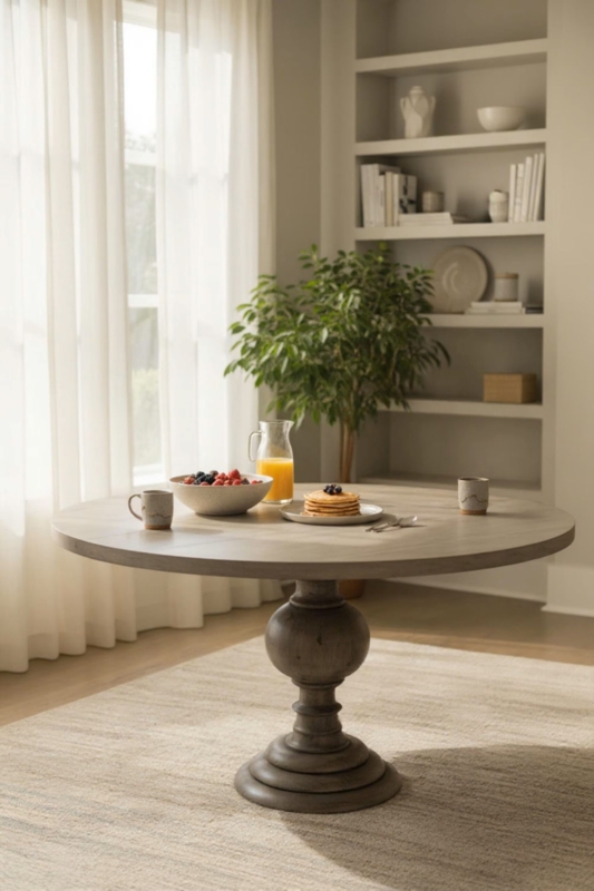 Rustic Dining Table with Thick Round Top and Chunky Block Pedestal