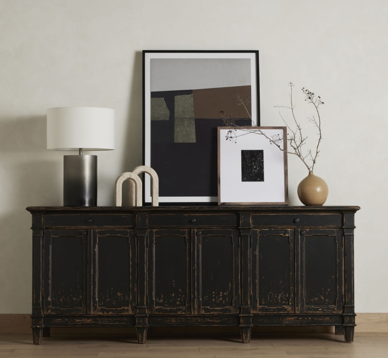 Rustic Distressed Black Sideboard with Six Doors and Drawers