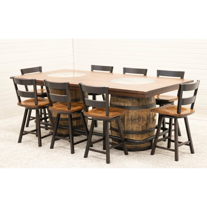 Rustic Double Barrel Pub Table Set: Glass Inlays & Swivel Stools