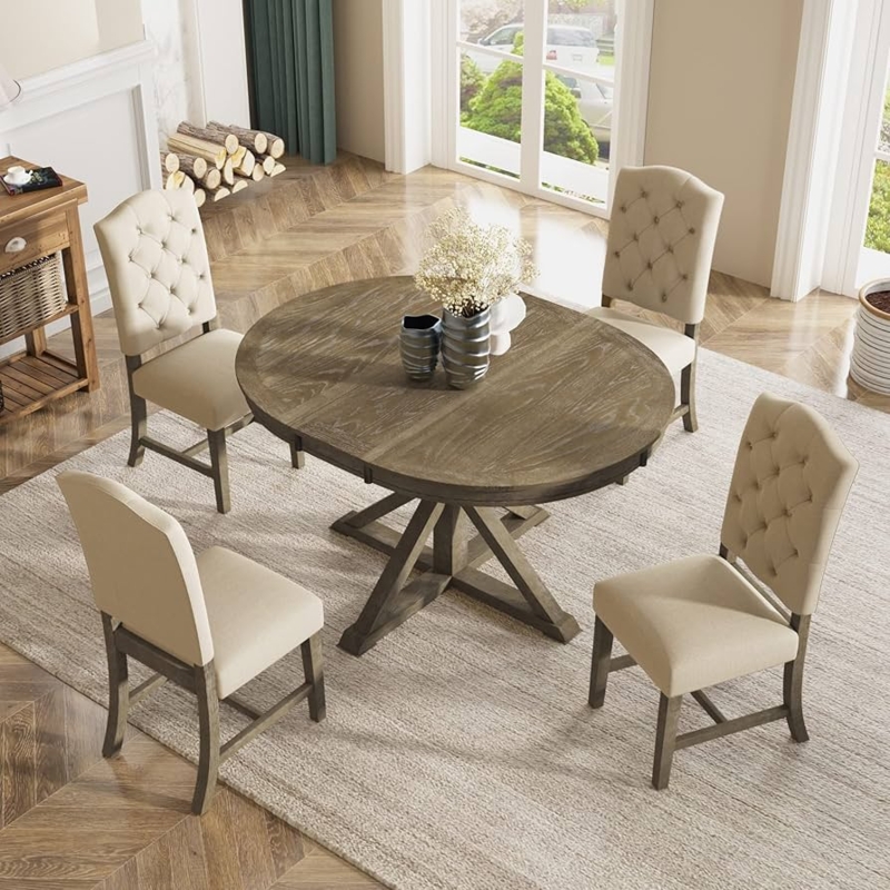 Rustic Extendable Dining Table, Weathered Finish with X-Base Pedestal