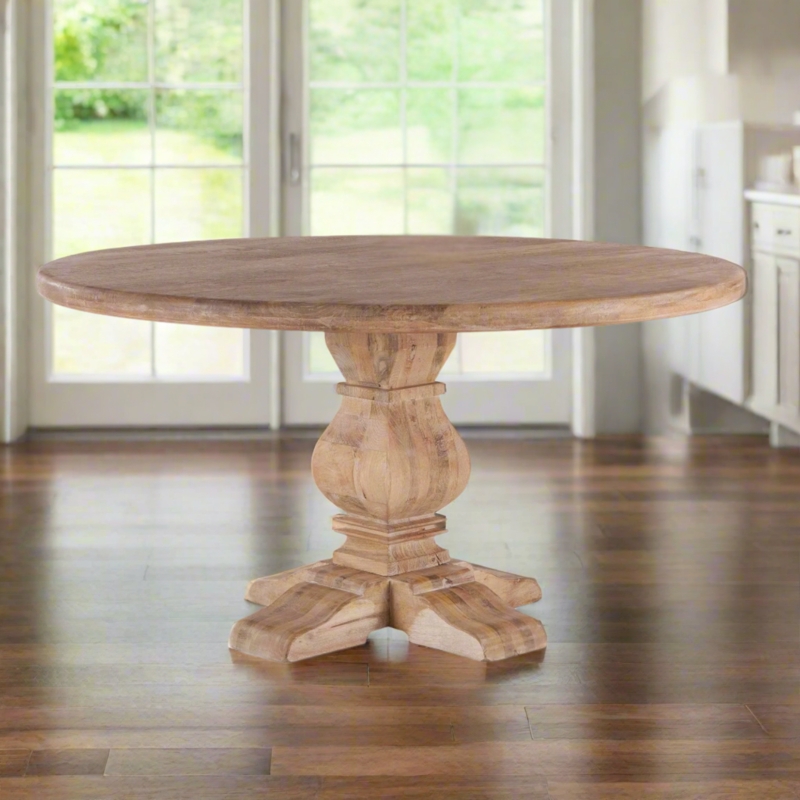 Rustic Farmhouse Round Dining Table, Carved Pedestal, Antique Finish