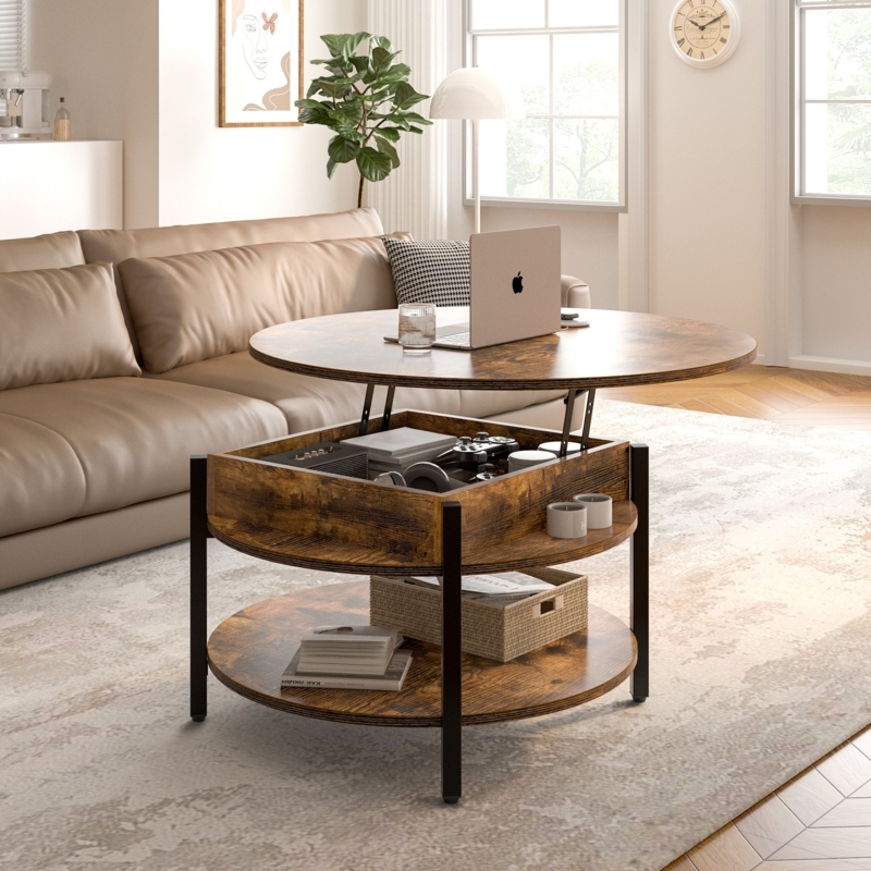 Rustic Farmhouse Round Lift Top Coffee Table Open Shelves