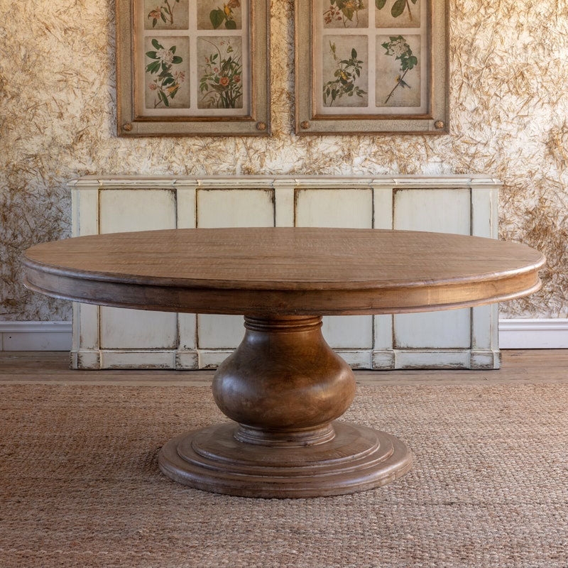 Rustic Farmhouse Round Wood Dining Table with Bulbous Pedestal Base