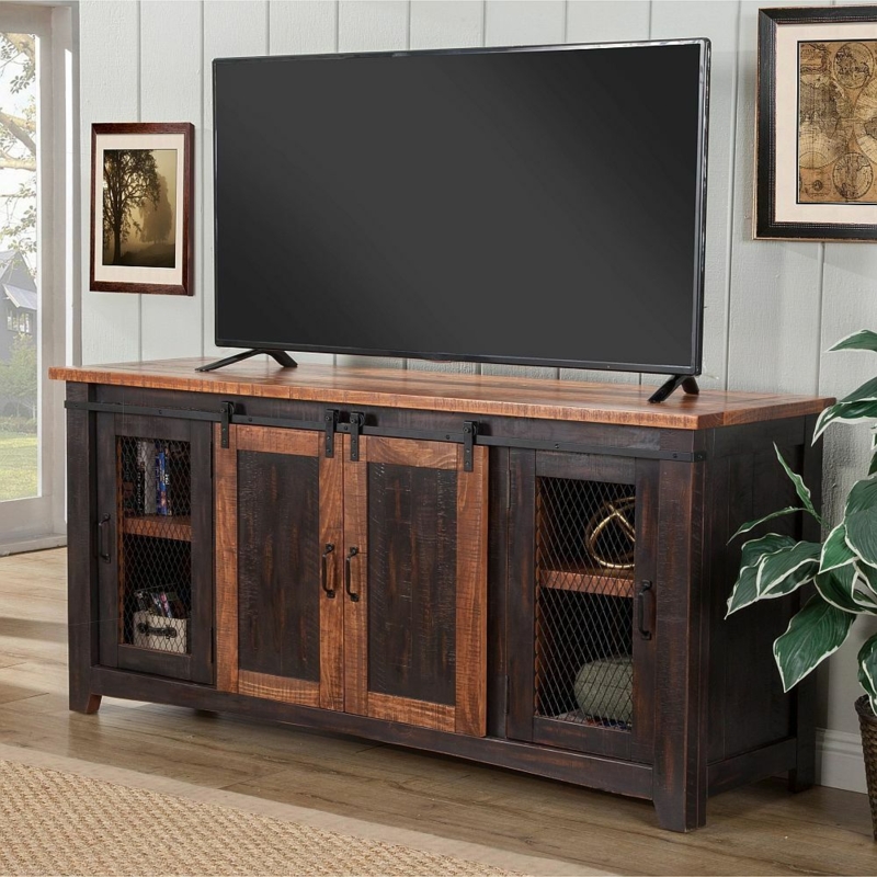 Rustic Farmhouse TV Stand Sliding Barn Doors Wire Mesh Panels