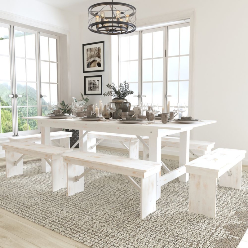 Rustic Folding Farm Table Set with Six Whitewashed Benches
