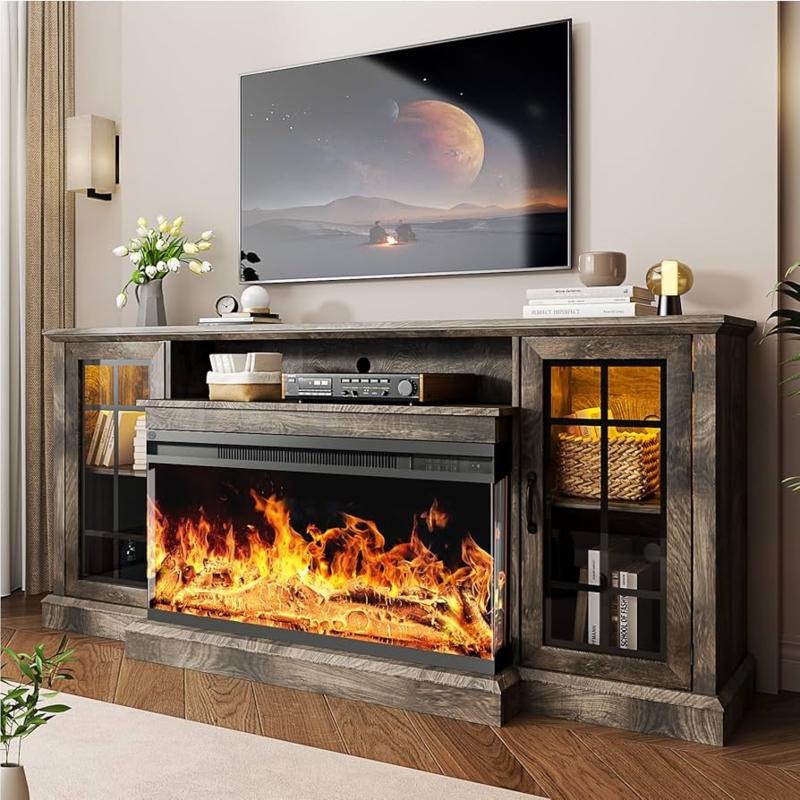 Rustic Grey TV Stand with 3-Sided Electric Fireplace