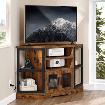 Rustic Industrial Corner Tv Stand with Mesh Doors and Warm Brown Finish.