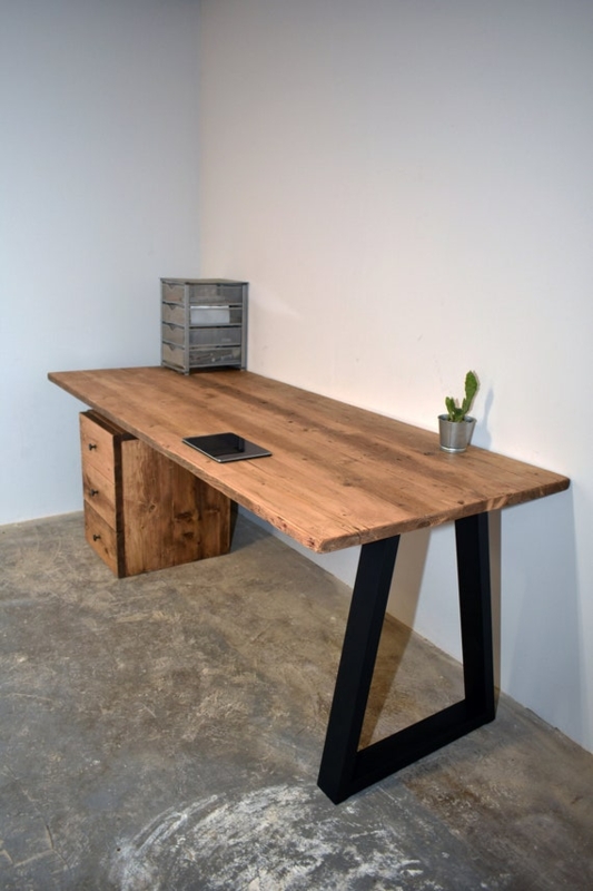 Rustic Industrial Office Desk with Live Edge Top and Trapezium Legs