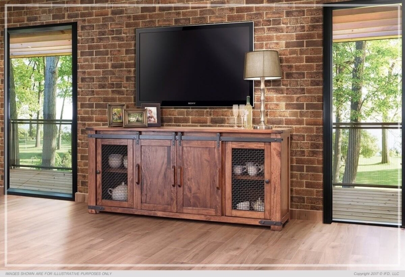 Rustic Industrial TV Stand featuring Sliding Barn Doors and Mesh Panels