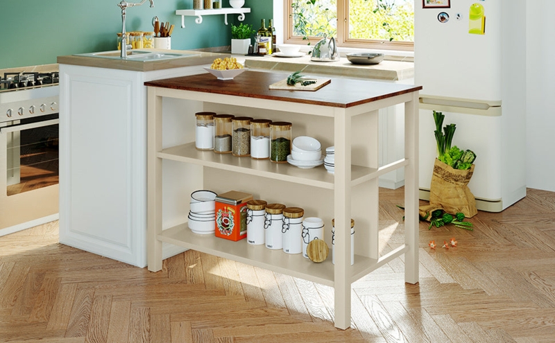 Rustic Kitchen Island Walnut Cream Top with Open Shelving Design