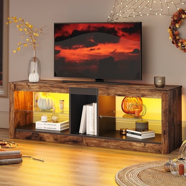 Rustic LED TV Stand with Glass Shelves Wood Media Console