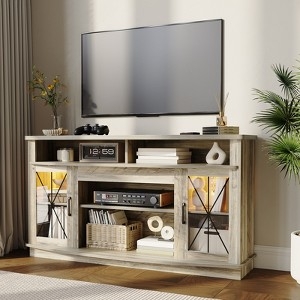 Rustic Light Oak TV Stand with Integrated Cabinet Lighting and Glass Doors