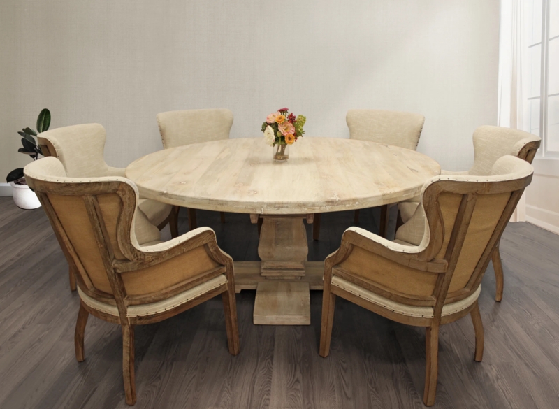 Rustic Light Wood Dining Set with Nailhead Wingback Armchairs
