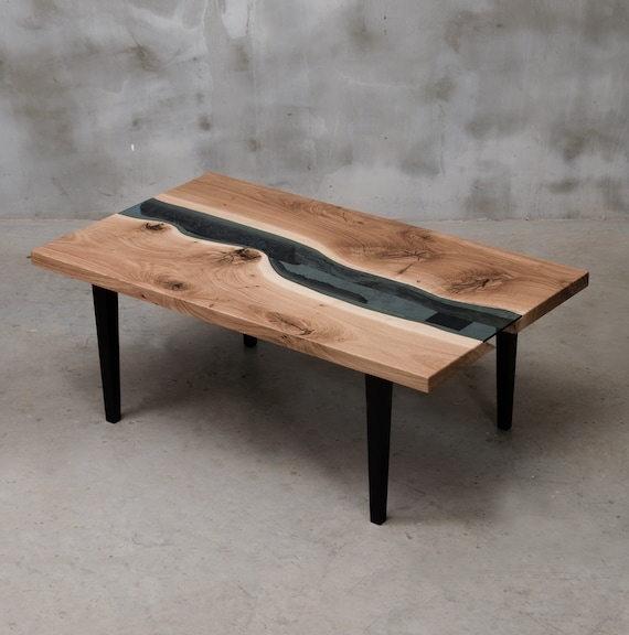 Rustic Live Edge Coffee Table with Glass River Inlay and Tapered Legs