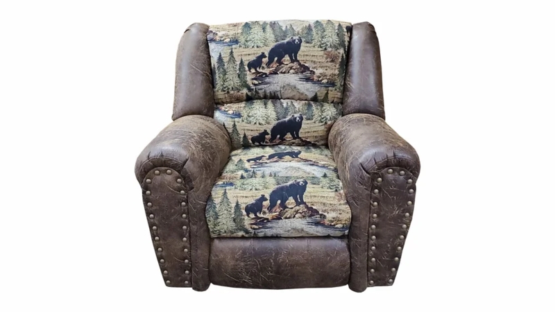 Rustic Lodge Armchair with Bear Pattern and Two-Tone Upholstery