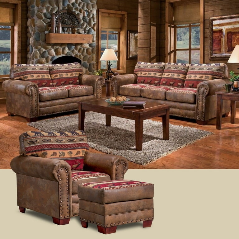 Rustic Lodge Living Room Set featuring Woodland Tapestry Cushions