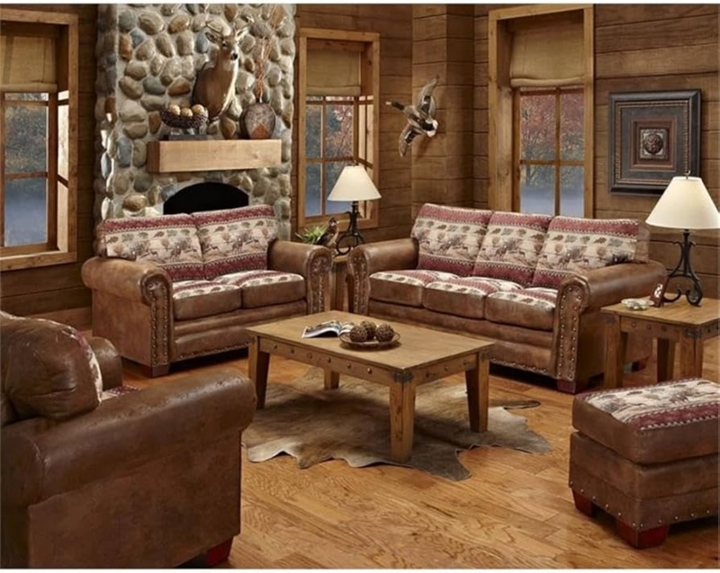Rustic Lodge Sofa Set with Wildlife Pattern and Nailhead Trim Details