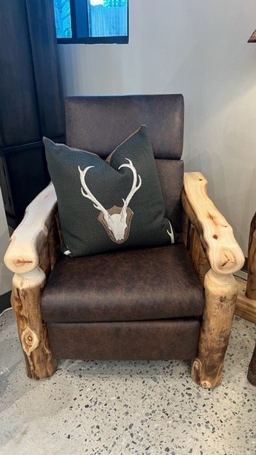 Rustic Log Recliner Chair with Stag Motif Accent Pillow and Natural Knots