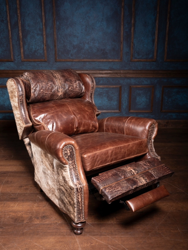 Rustic Luxe Recliner with Crocodile Embossed Leather and Cowhide Panels