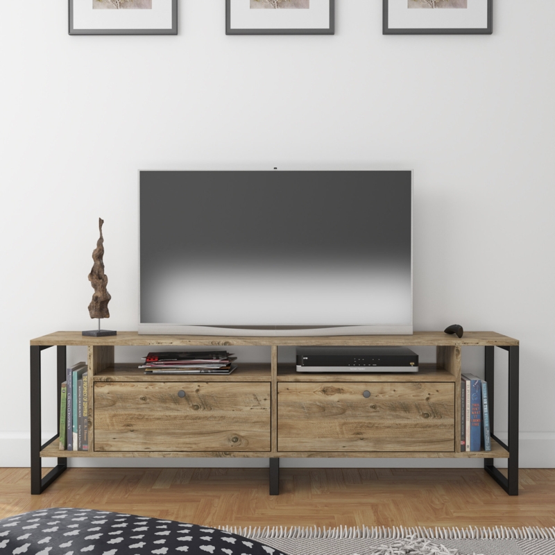 Rustic Media Console featuring Hybrid Storage and Metal Legs