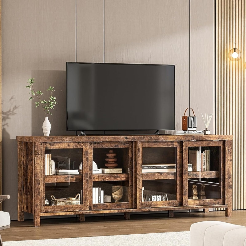 Rustic Media Console with Distressed Wood Finish and Sliding Glass