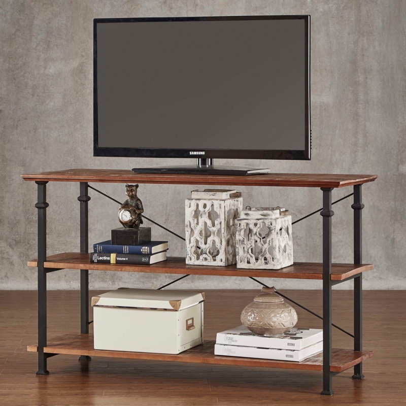 Rustic Oak Media Console with Metal X-Frame Back Support