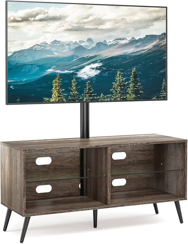 Rustic Oak TV Stand featuring Black Tapered Legs and Swivel Mount