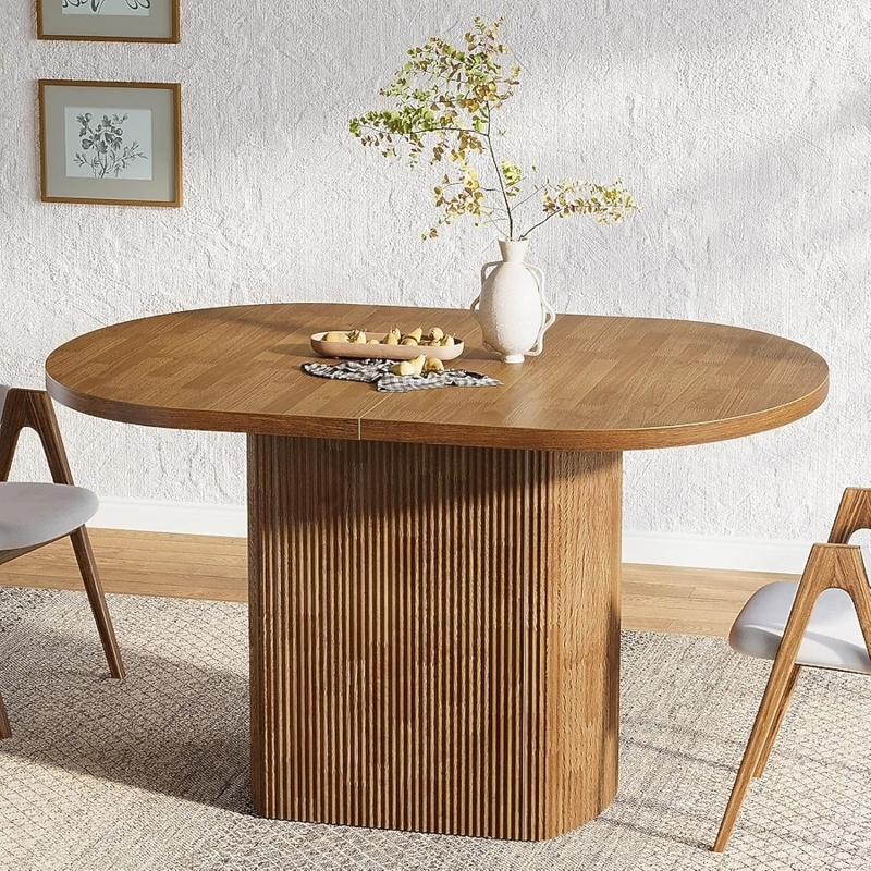Rustic Oval Dining Table Ribbed Pedestal Base Wood Toned Finish