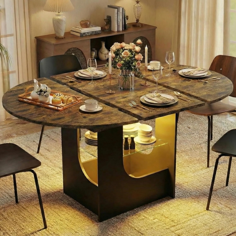 Rustic Oval Extendable Dining Table, Illuminated Glass Shelf