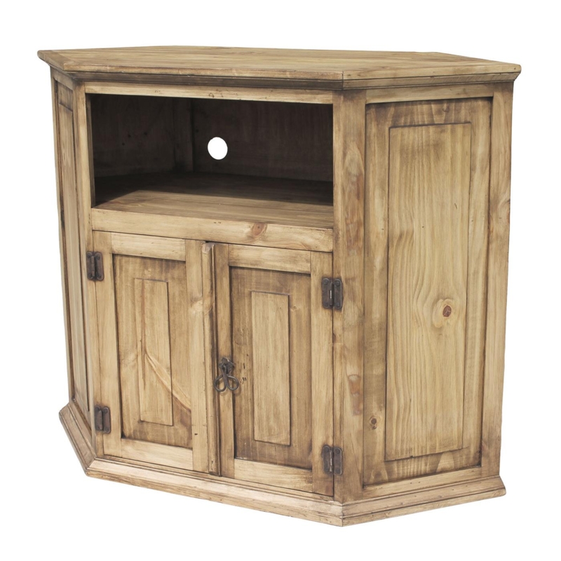 Rustic Pine Corner TV Stand with Iron Hinges and Paneled Doors
