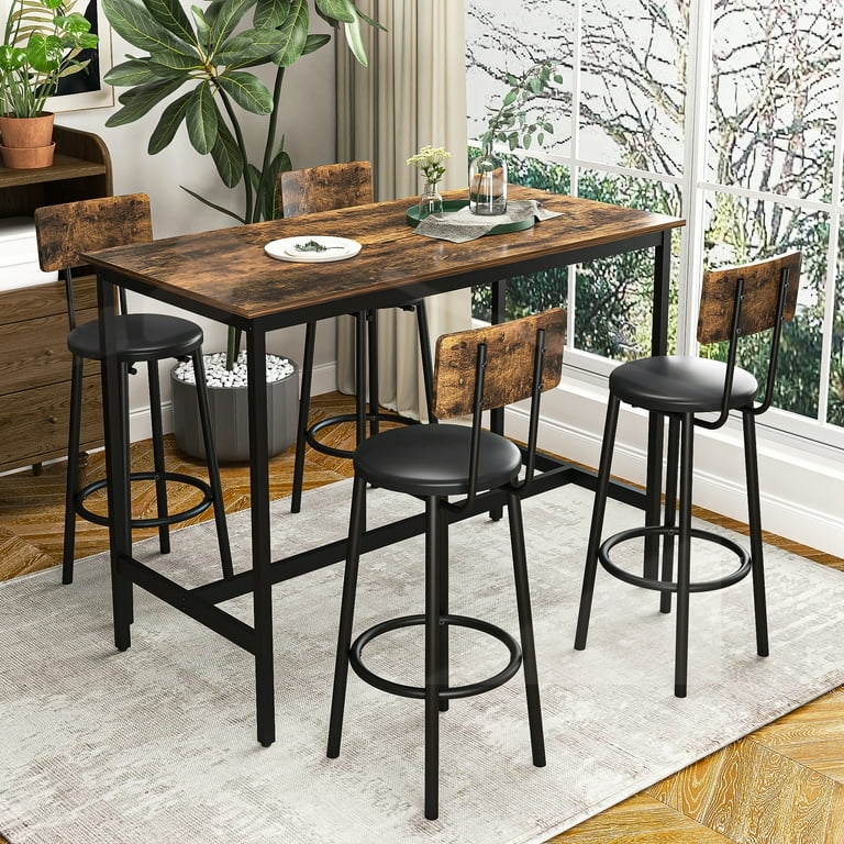 Rustic Pub Height Table Set 5 Piece Distressed Wood Upholstered Backs