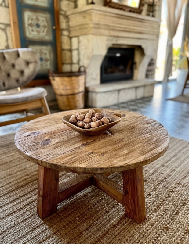 Rustic Round Coffee Table featuring Thick Distressed Wood and Cross Base