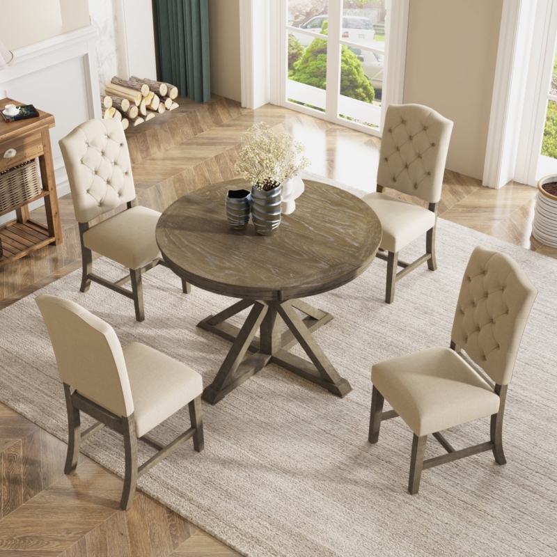 Rustic Round Dining Set Extendable, Tufted Farmhouse Chairs