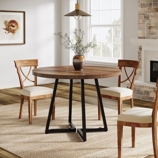 Rustic Round Dining Table Black Metal Geometric Pedestal Base Thick Top