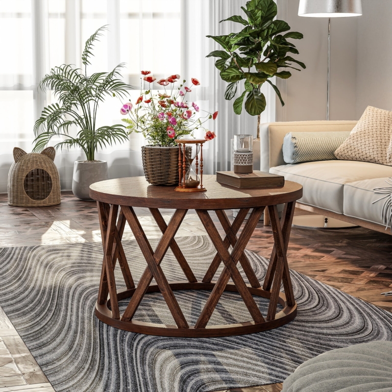 Rustic Round Wood Coffee Table with X-Motif Crisscross Base